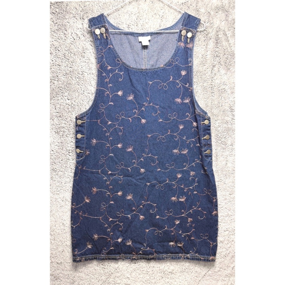 Vintage 90s Embroidered Denim Jumper Dress Floral Cottagecore Coastal Grandma Lg